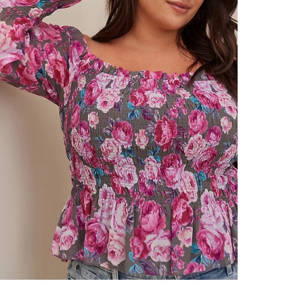 New Torrid Womens 3X Floral Chiffon Off Shoulder Peplum Top Blouse Long Sleeve - Picture 2 of 6